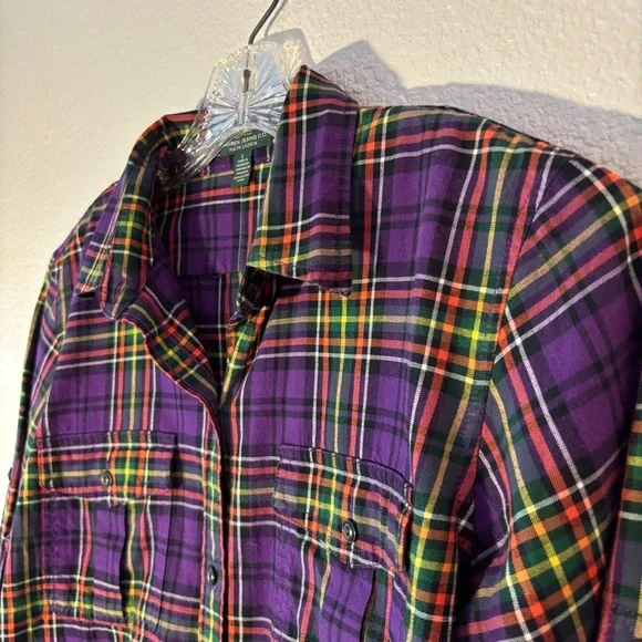 Ralph Lauren Lauren Jeans Co. Women's  Purple Plaid Shirt Large Button Up Preppy - Picture 5 of 12